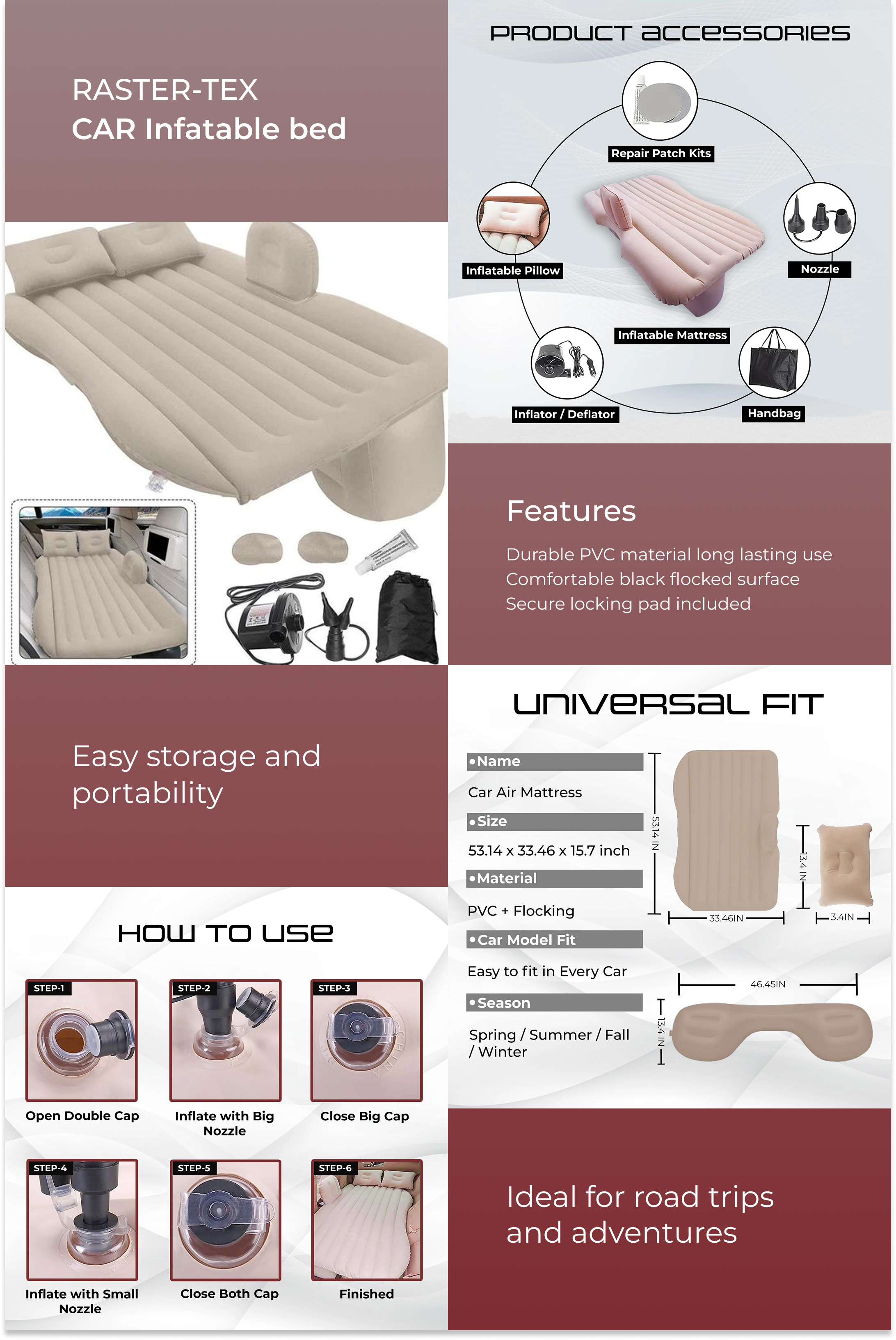 Inflatable Car Air Mattress Back Seat Bed Car Camping Creem Colour